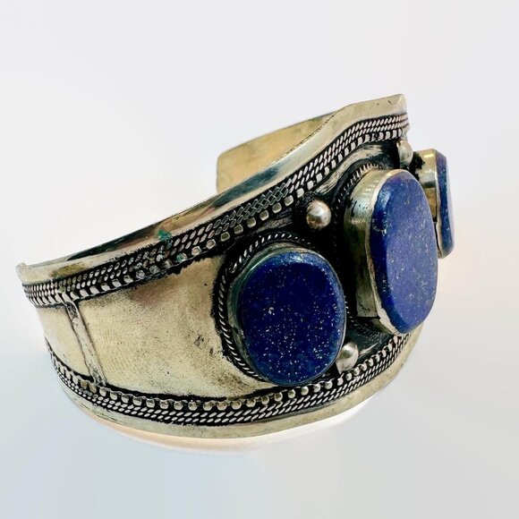 Lapis Bracelet, Kuchi Jewelry, Middle Eastern, Silver Cuff,  Vintage, Boho - Picture 3 of 5